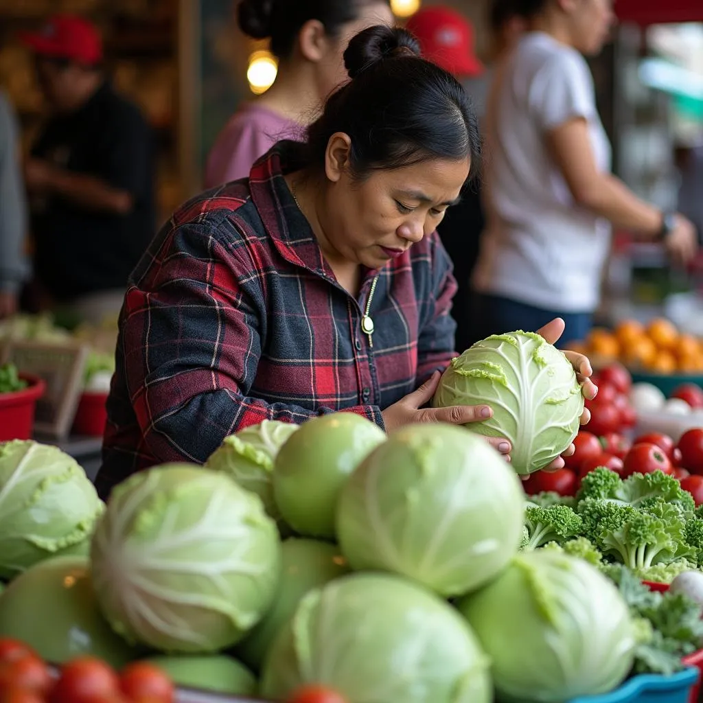 A woman selecting fresh cabbage at Dong Xuan Market in Hanoi