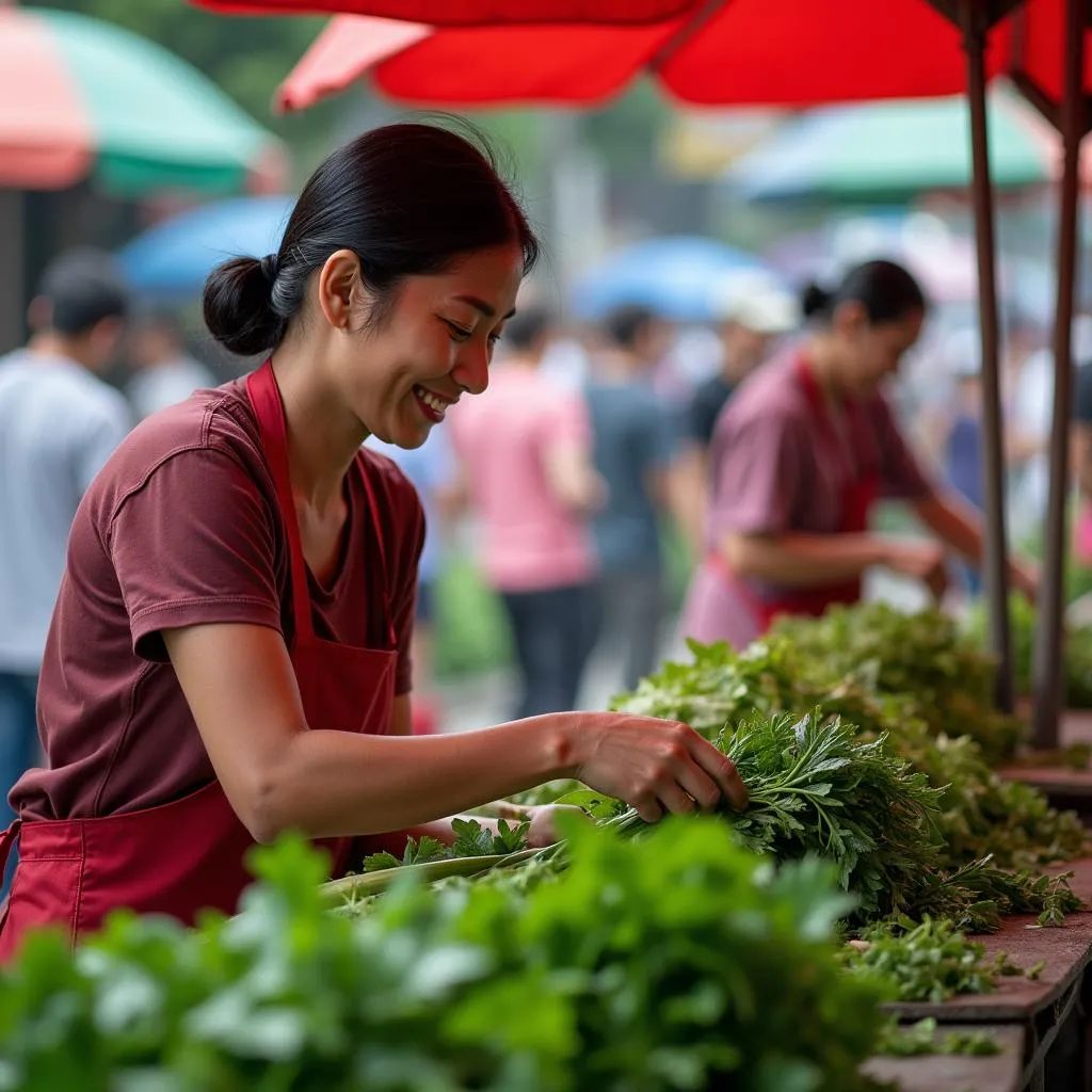 Woman Buying Fresh Herbs