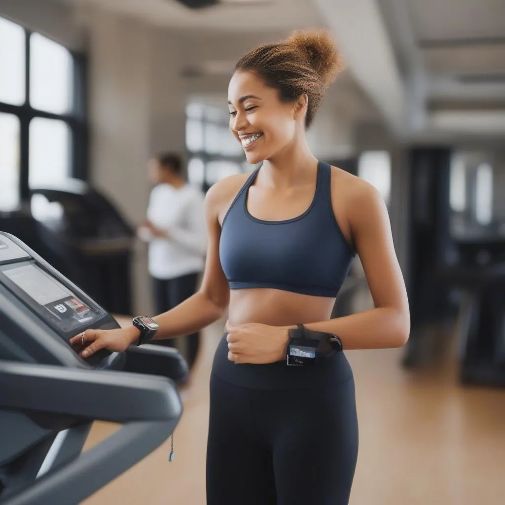 woman checking her smartwatch after treadmill workout