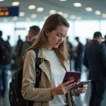 Woman Checking Passport at Airport