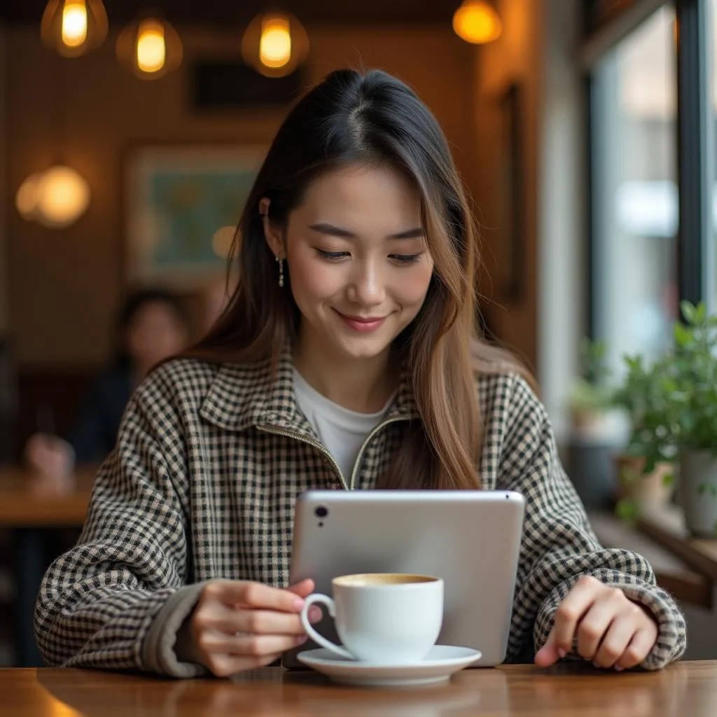 Woman Checking Synced Contacts on Tablet