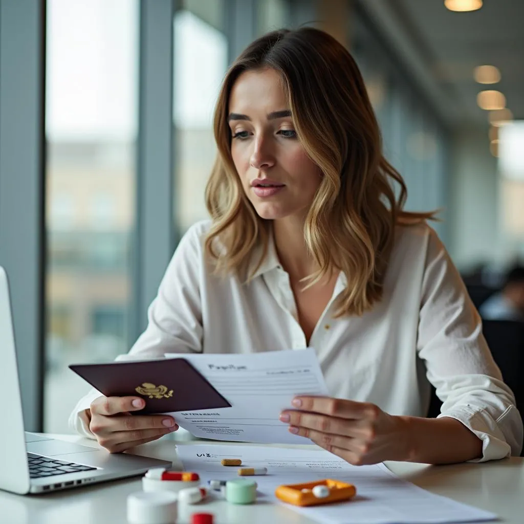 Woman reviewing travel documents and medications