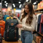 Woman Choosing Travel Backpack in Store