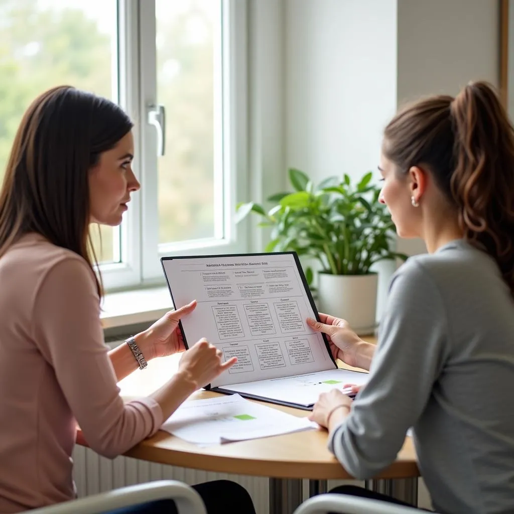 A woman sits across from a nutritionist, discussing a meal plan for managing ovarian cysts