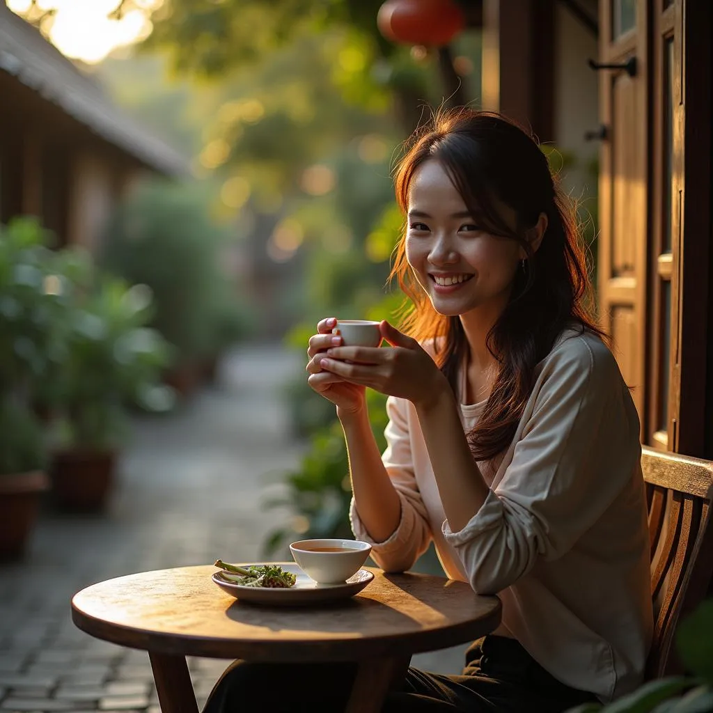 Woman enjoying artichoke tea in Hanoi's Old Quarter