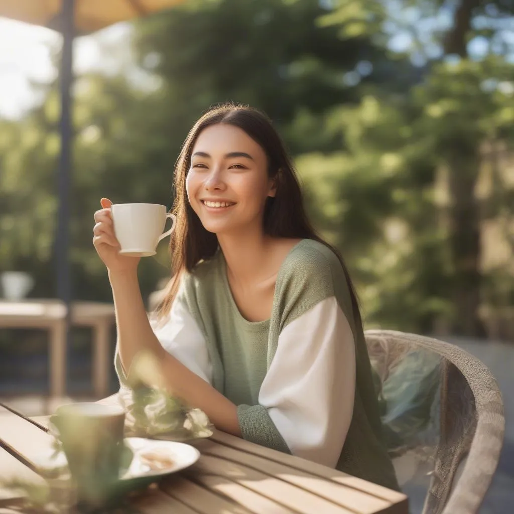 Woman Enjoying Green Tea Outdoors