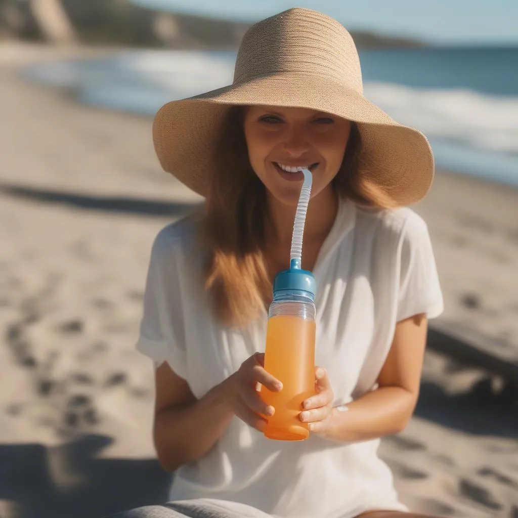 Woman drinking water on a tropical beach