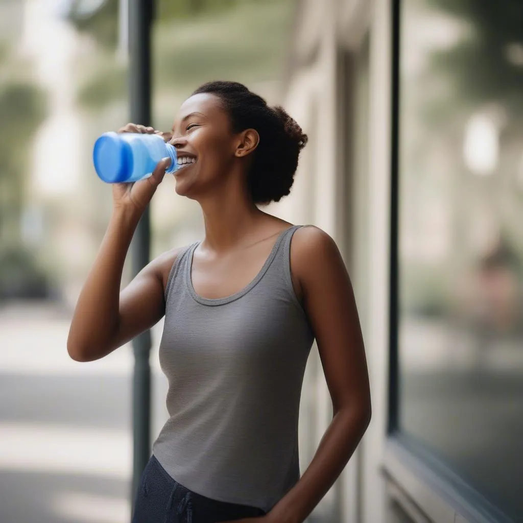 Woman drinking water to stay hydrated during her travels