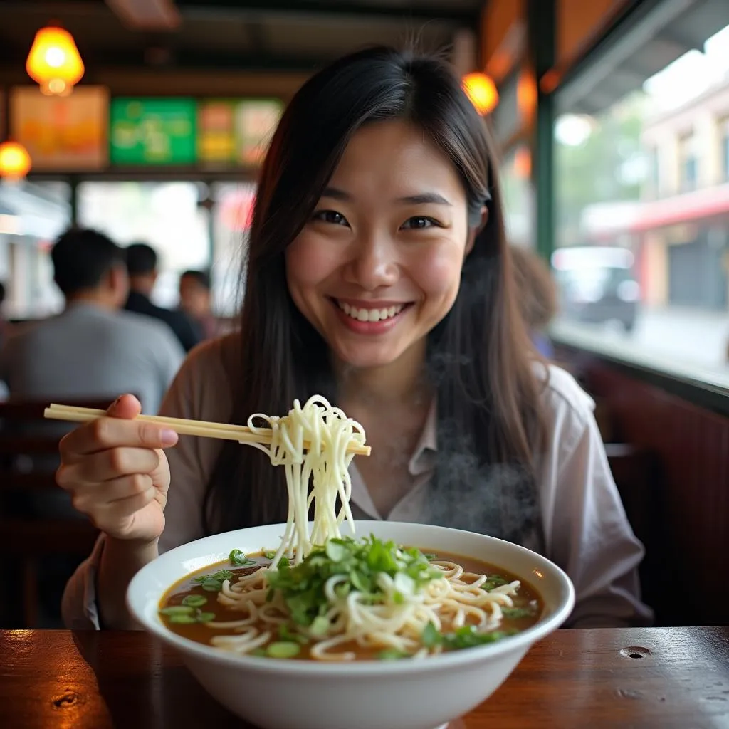 Woman Enjoying Pho with Spring Onions