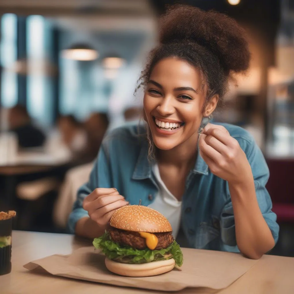 Woman Enjoying a Vegan Burger