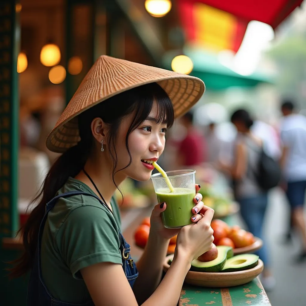 Vietnamese woman sipping avocado smoothie