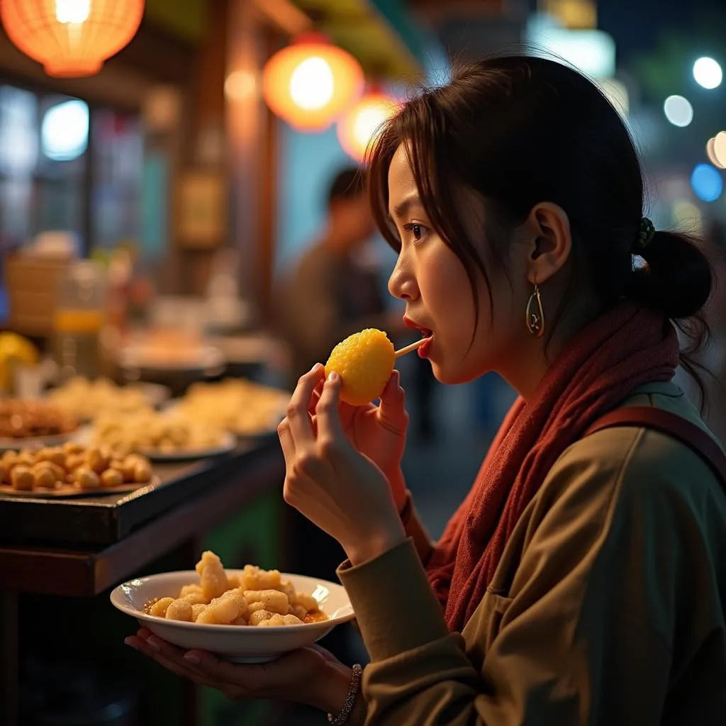 Woman enjoying balut in Hanoi's Old Quarter