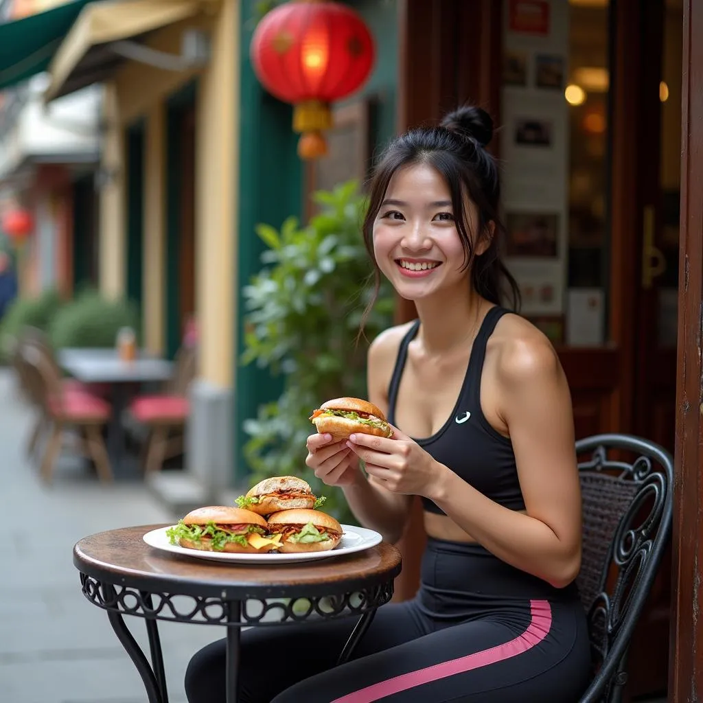 Woman Eating Banh Mi Before Workout