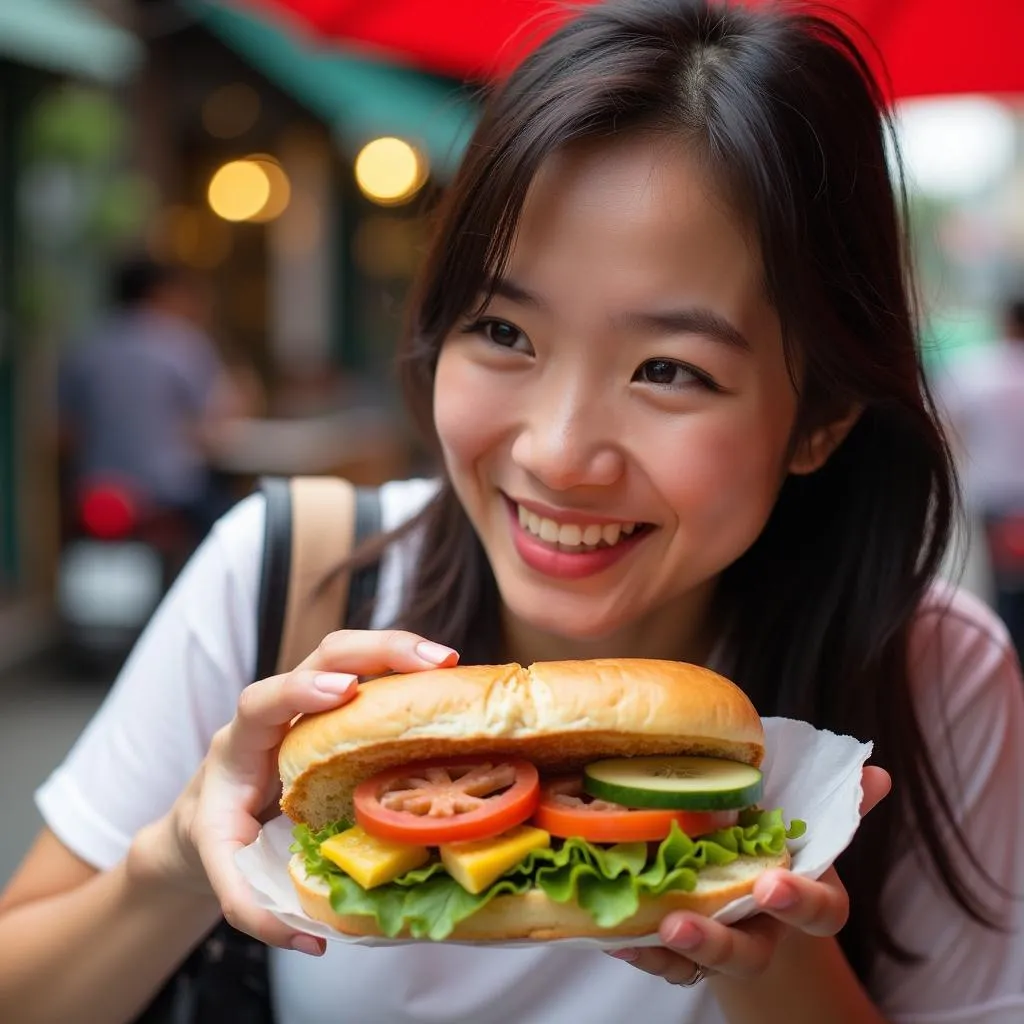 Woman enjoying a banh mi in Hanoi