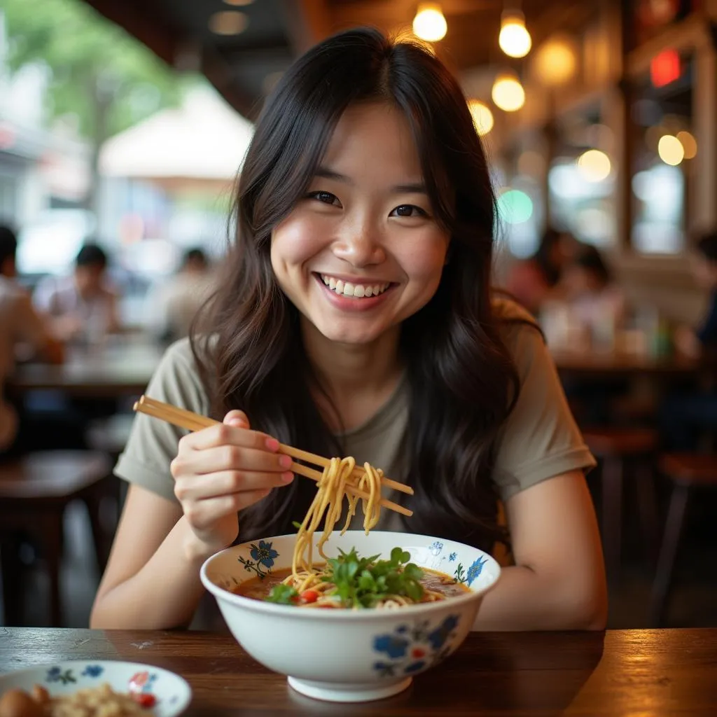 Woman enjoying bun cha in Hanoi