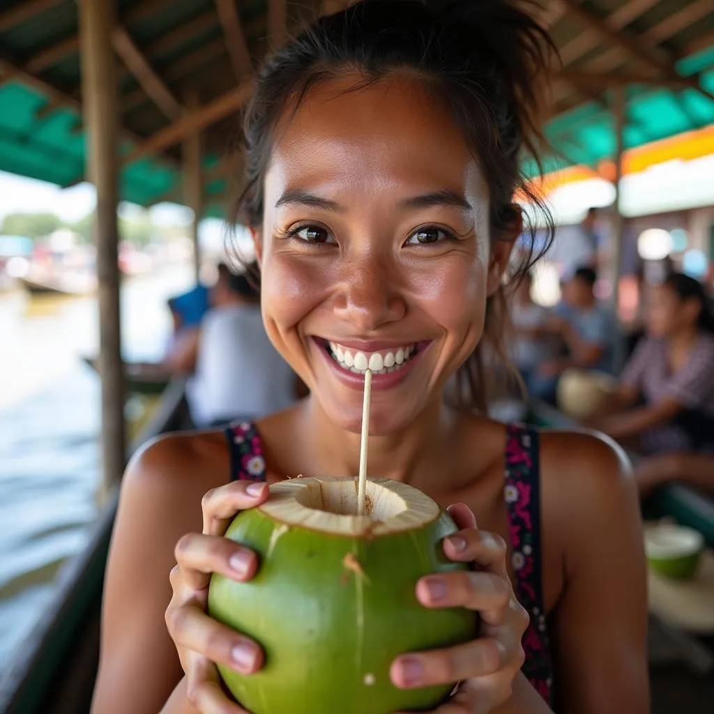 Tourist Enjoying a Coconut at a Floating Market