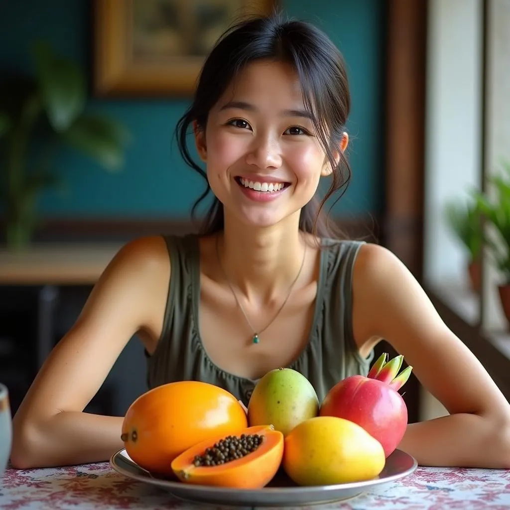 Smiling woman enjoying a colorful fruit platter