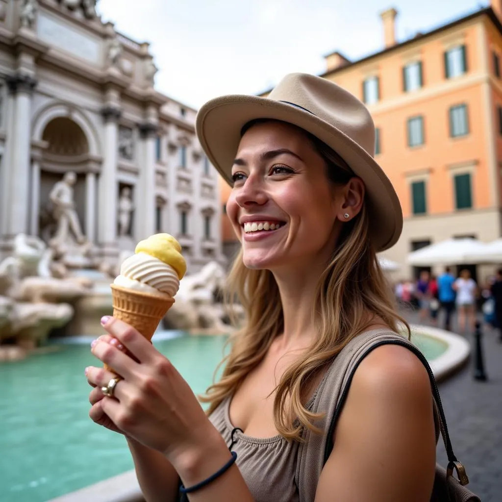 woman eating gelato at trevi fountain