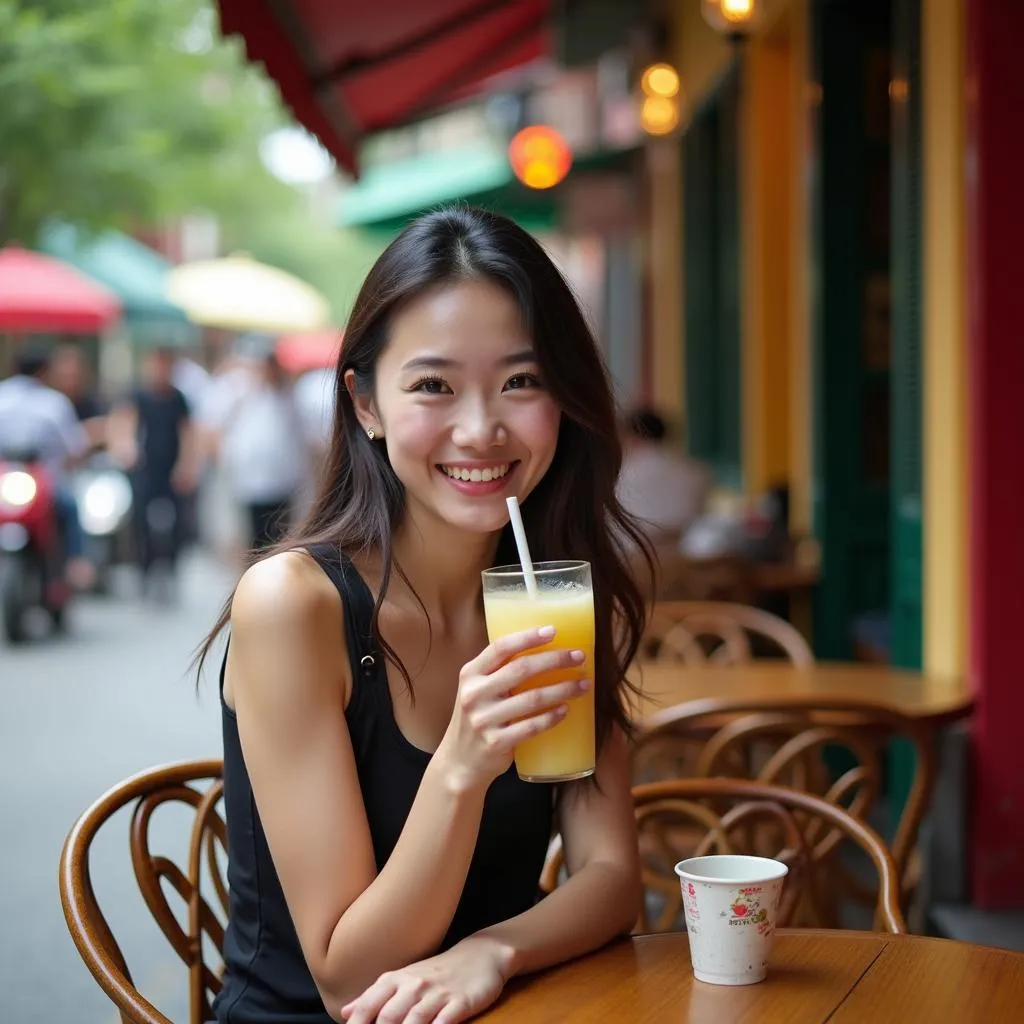 Woman Enjoying Guava Smoothie in Hanoi