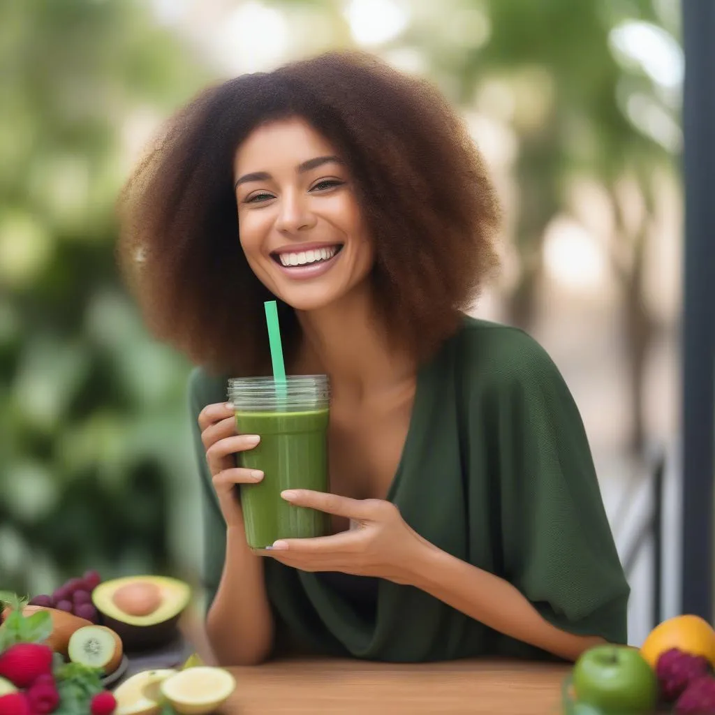 Smiling woman sipping a green smoothie