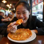 Woman enjoying kimchi pancakes at a Korean restaurant