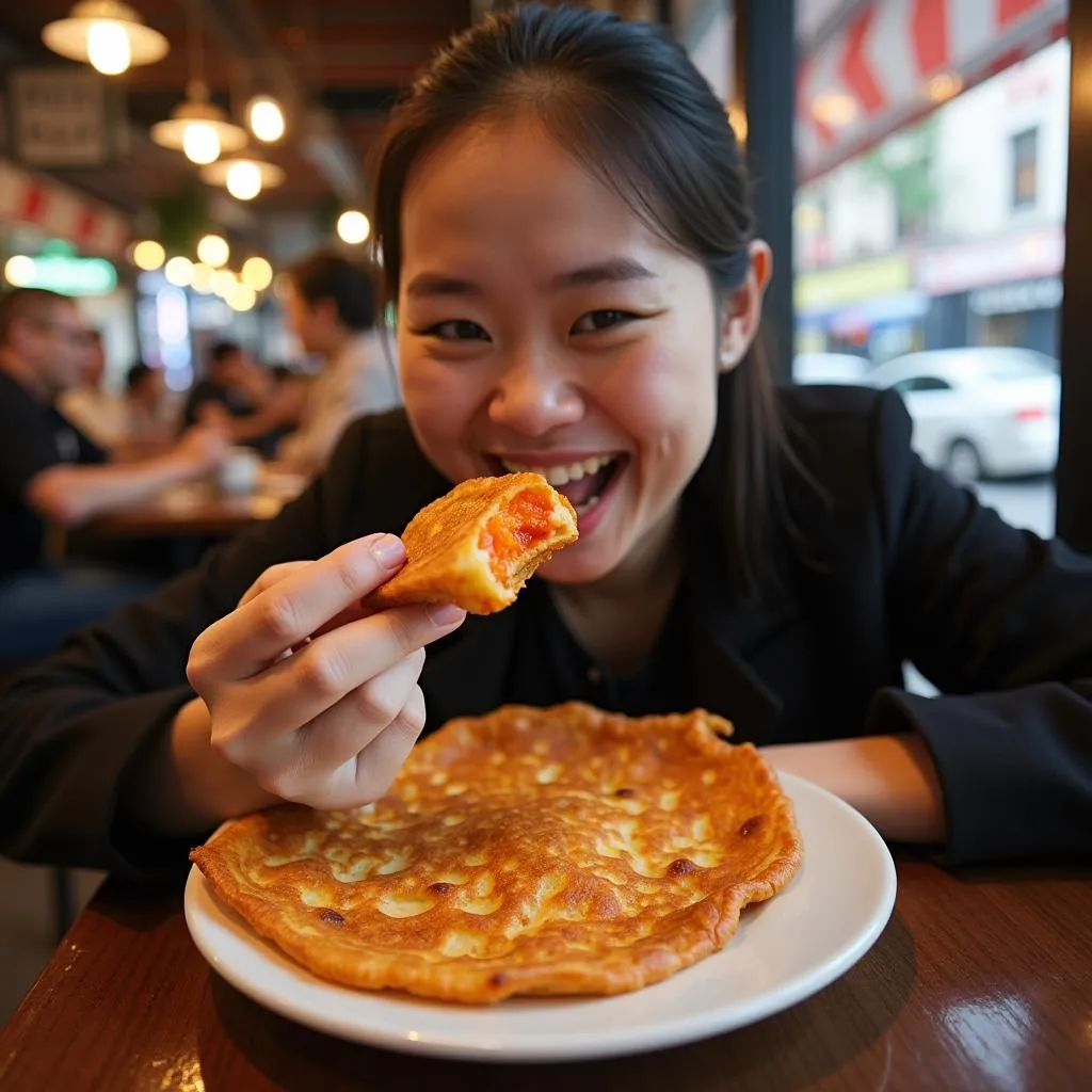 Woman enjoying kimchi pancakes at a Korean restaurant