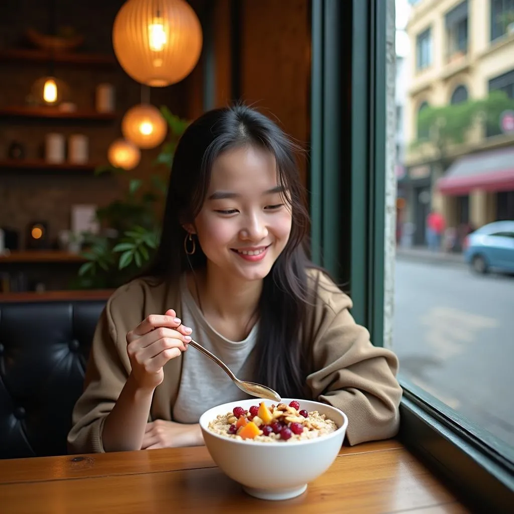 A Vietnamese woman smiling while enjoying her oatmeal breakfast in a Hanoi cafe