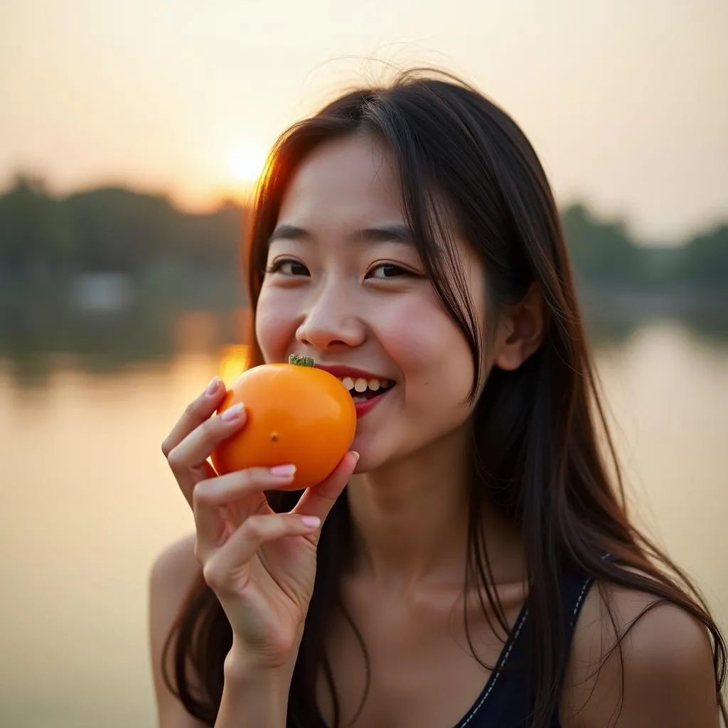 A woman enjoys a persimmon with a view of West Lake, Hanoi