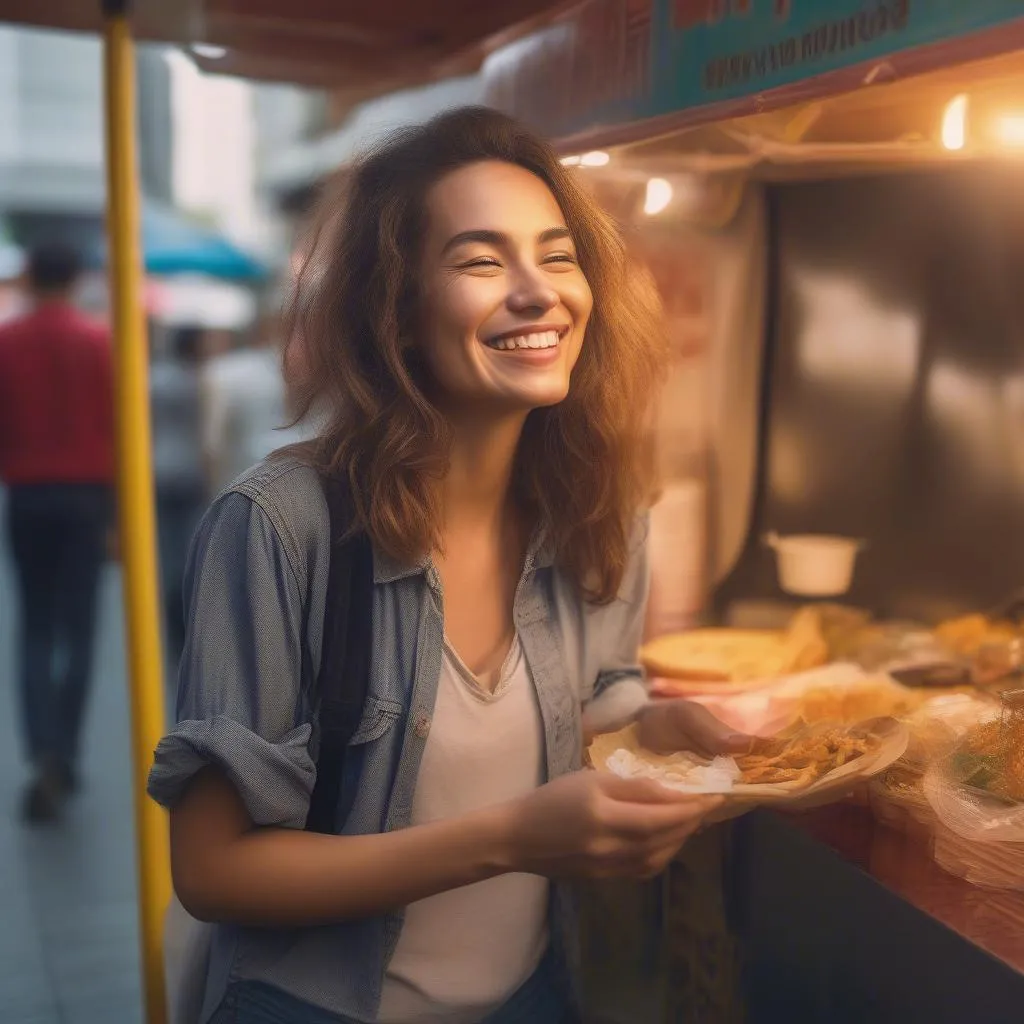 Woman Enjoying Street Food