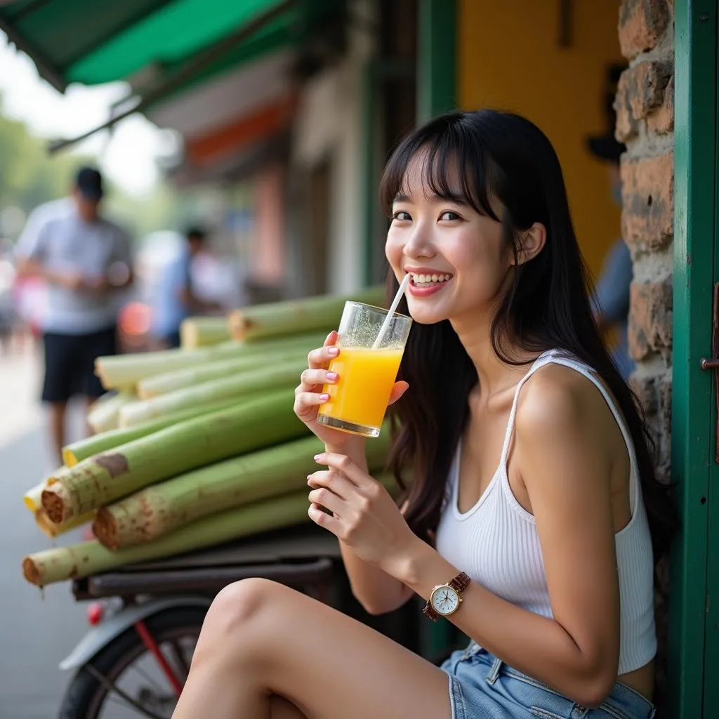 Woman enjoying sugarcane juice in Hanoi