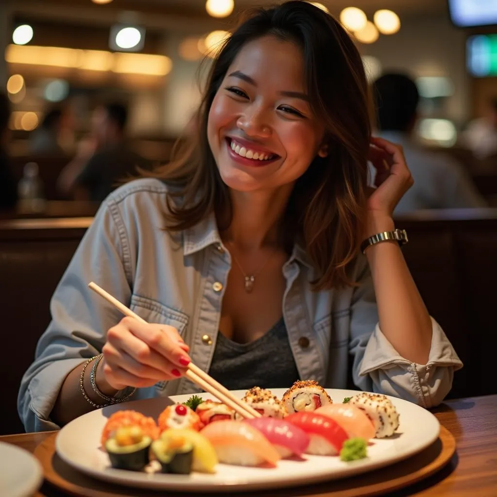 Woman enjoying a sushi platter at a restaurant