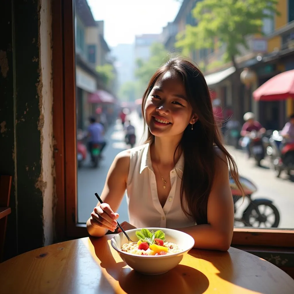 Woman enjoying a bowl of tropical oatmeal in Hanoi