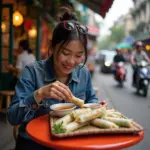 Vietnamese woman enjoying dipping sauce with fresh spring rolls