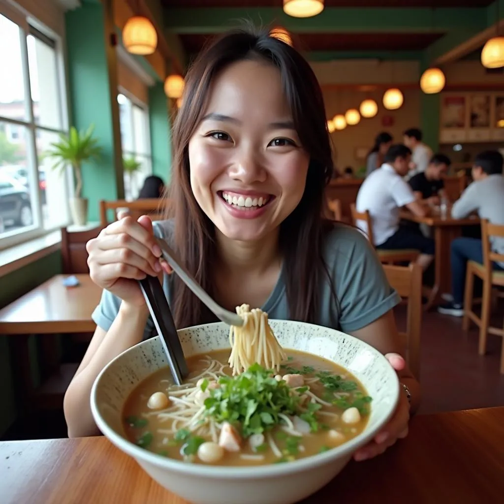 Woman enjoying Vietnamese cuisine