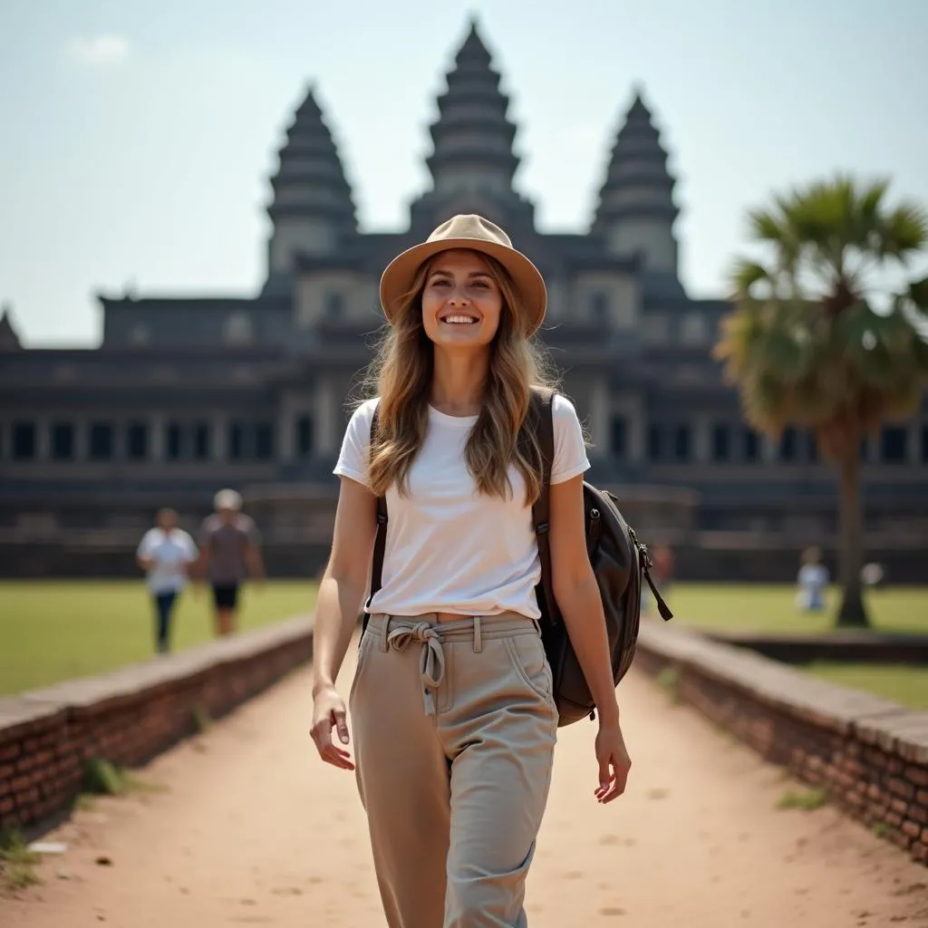 A woman dressed in comfortable clothing explores ancient ruins