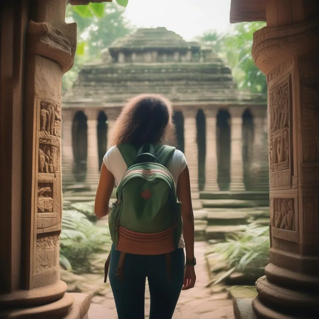 Woman Exploring Ancient Temple