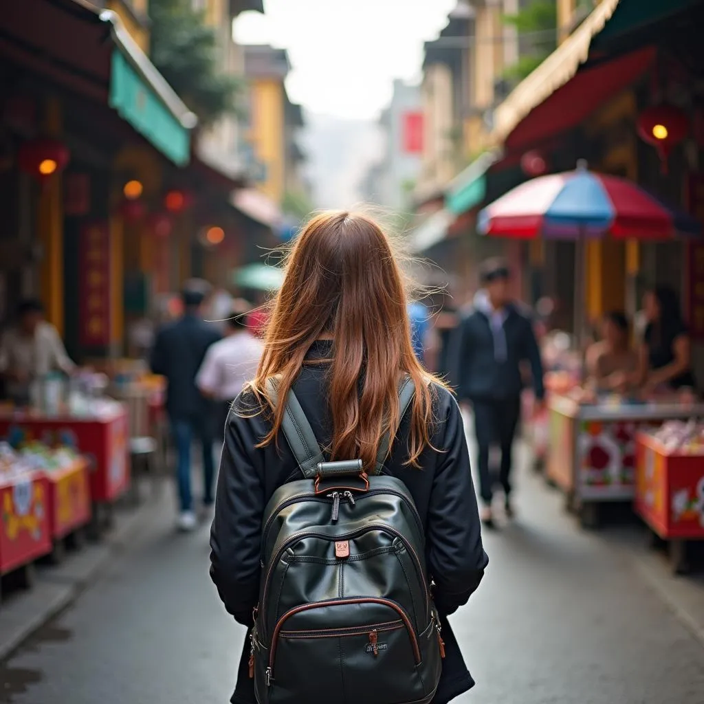 A woman exploring the bustling streets of Hanoi's Old Quarter