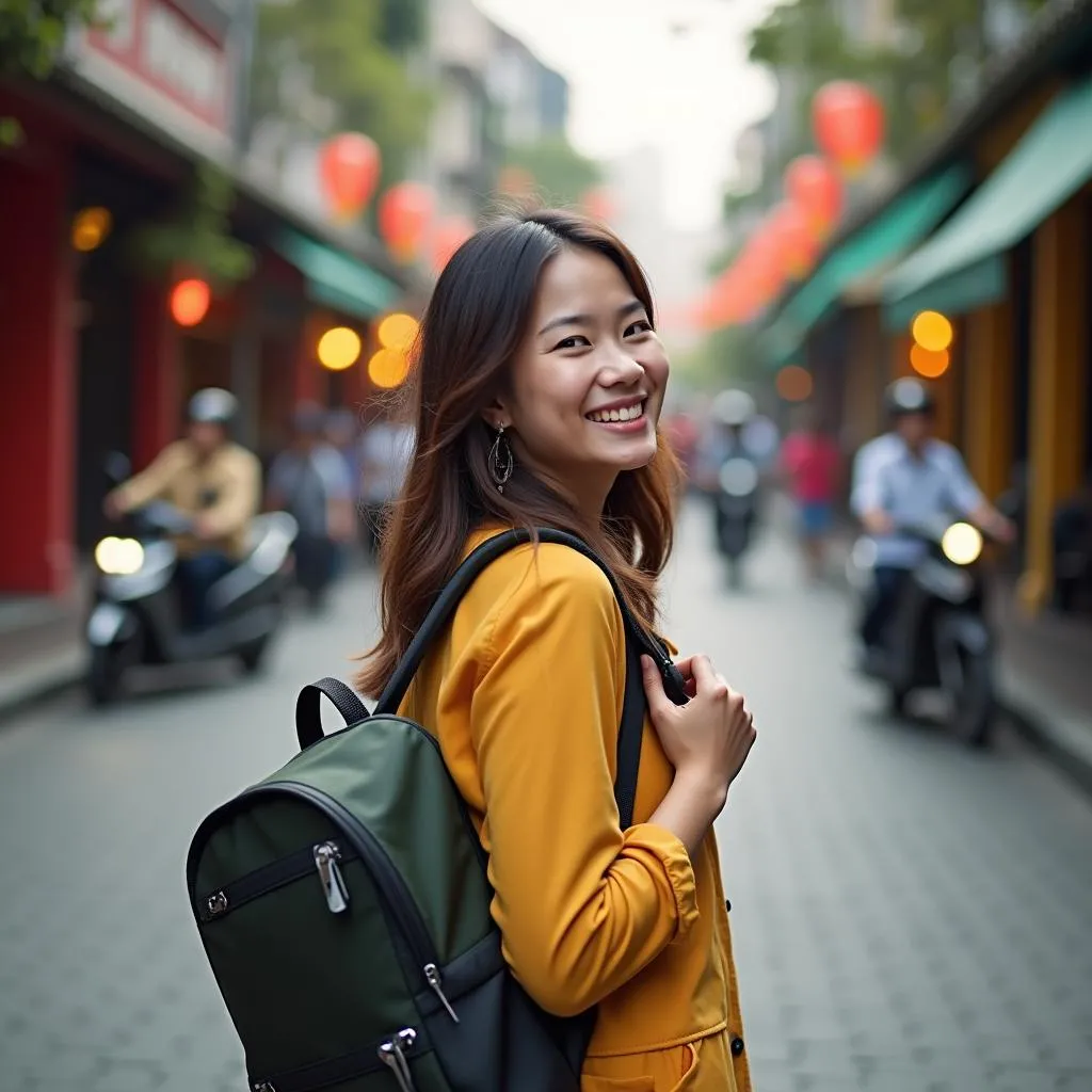 Young woman exploring Hanoi with a small travel backpack