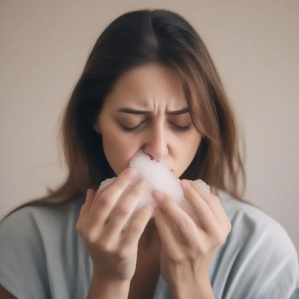 A woman gargling with salt water for tonsillitis relief.