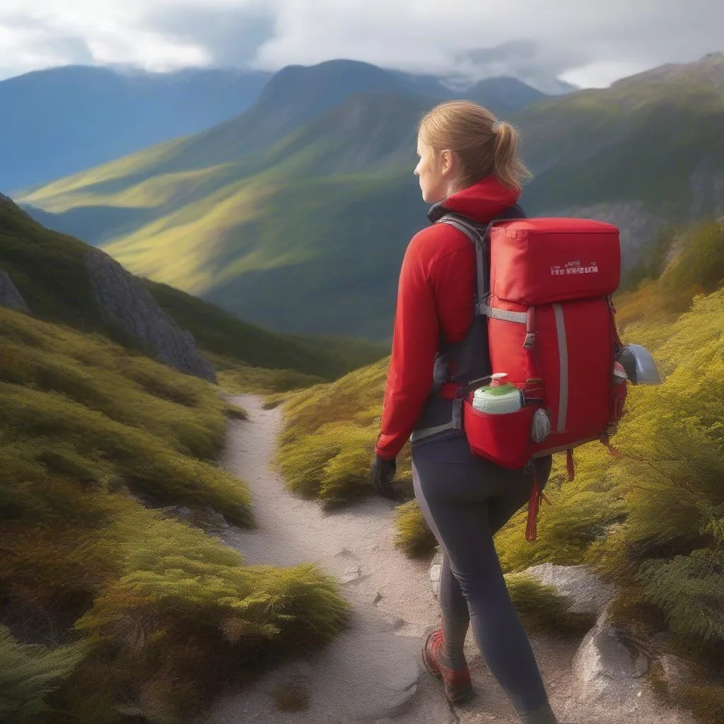 Woman Hiking with First Aid Kit