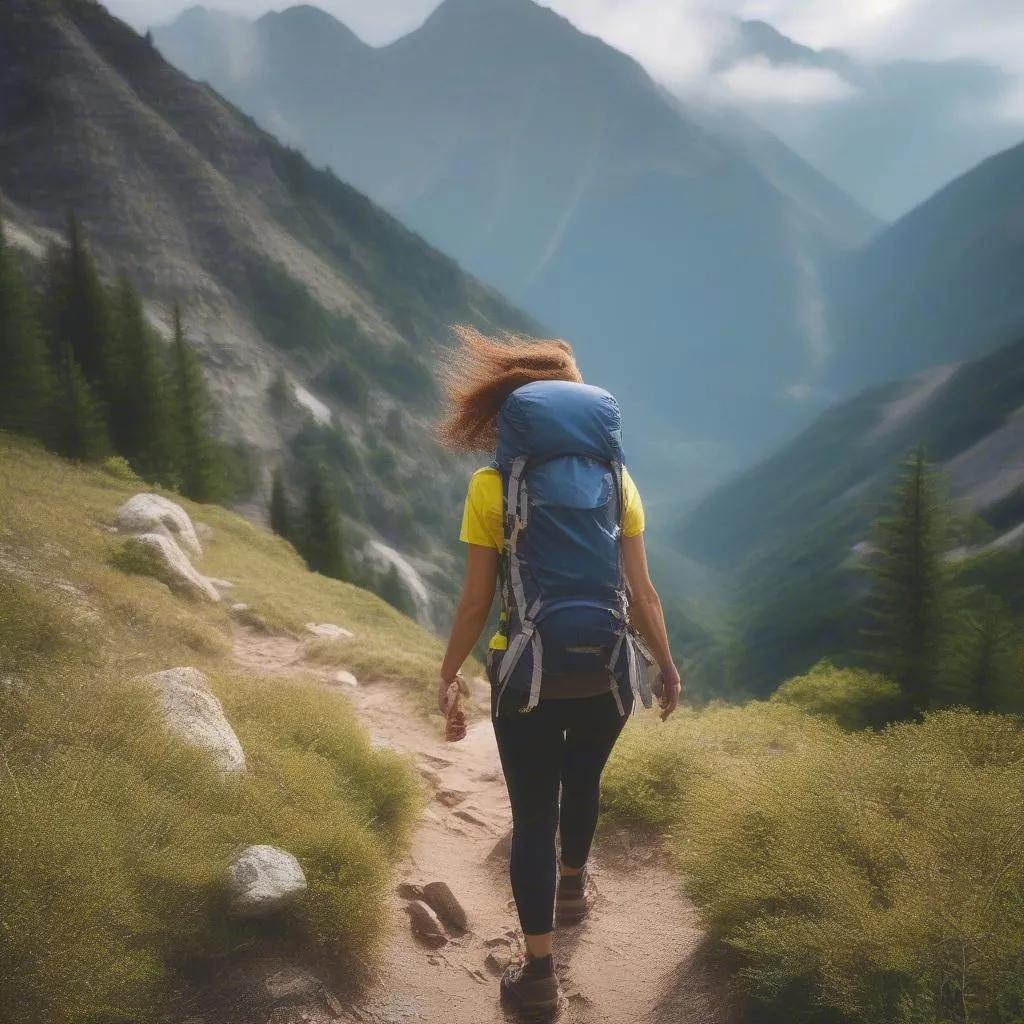 Woman Hiking in Mountainous Landscape