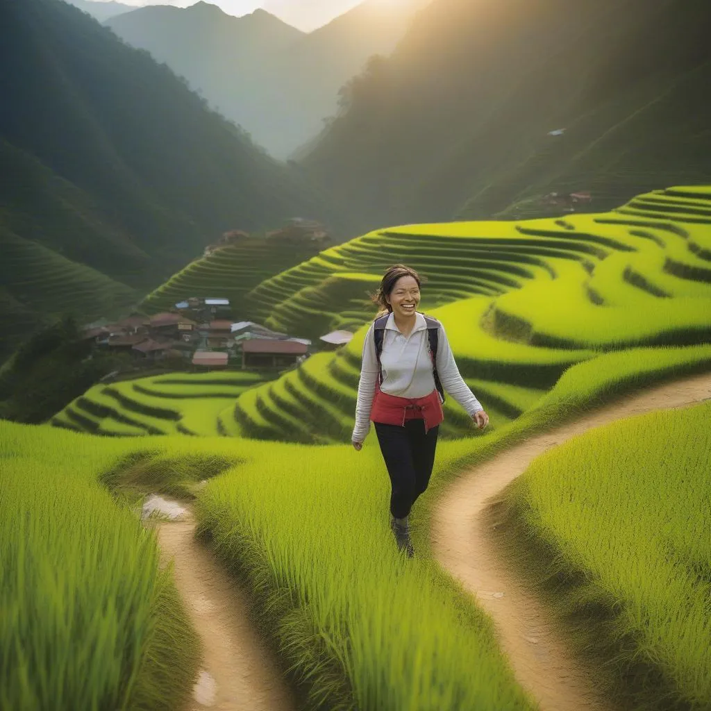 Woman Hiking in Sapa