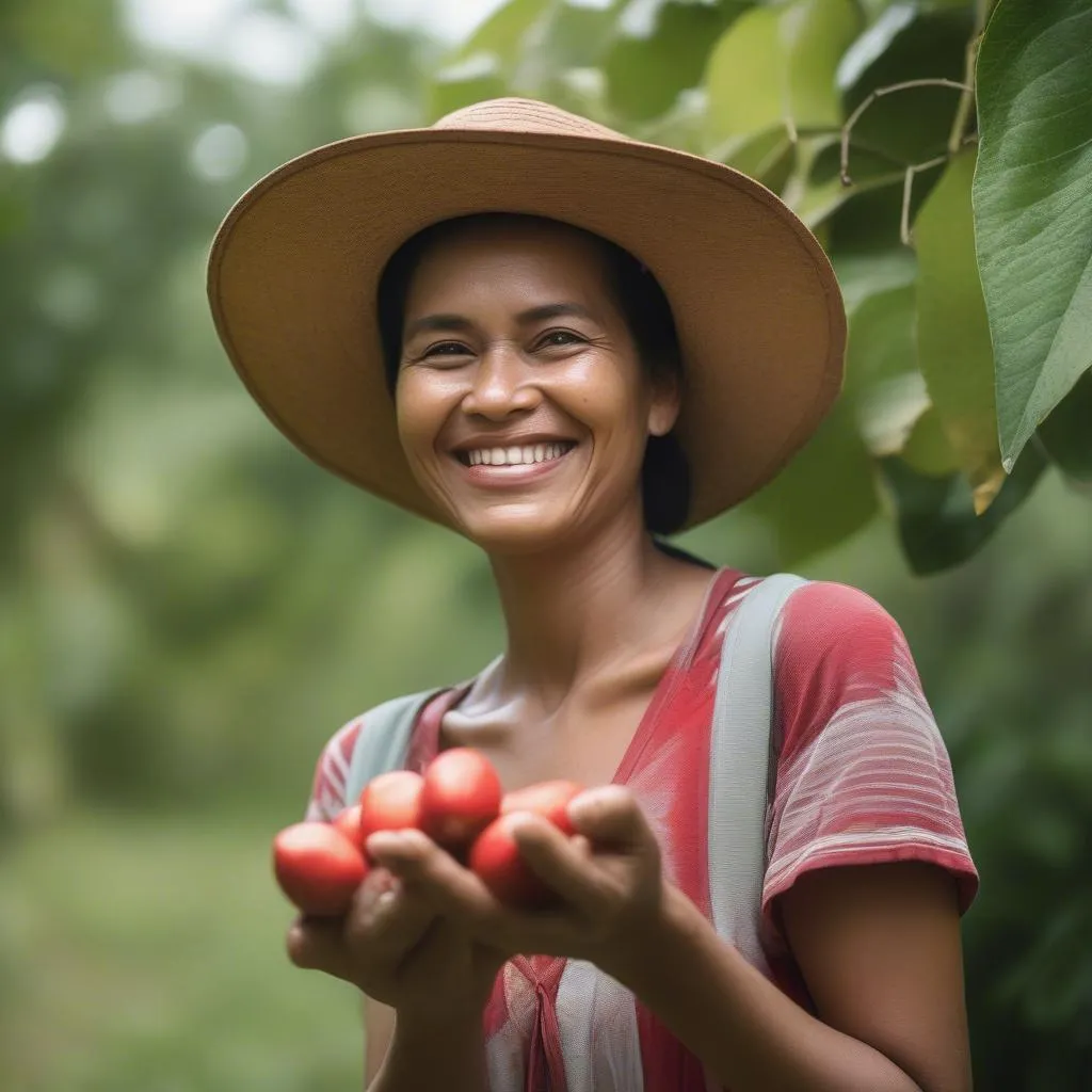 Woman holding freshly picked gac fruit in a garden