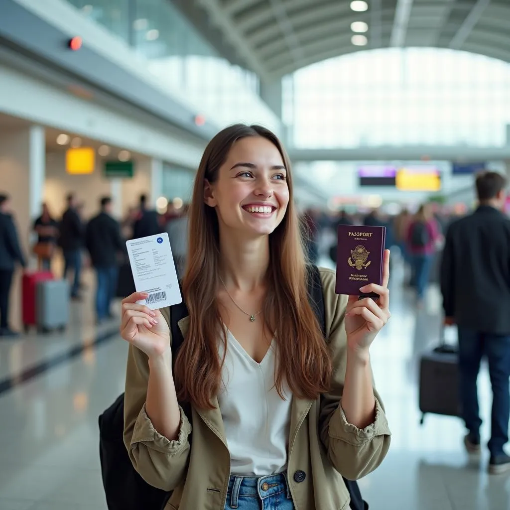 Woman holding her passport and boarding pass at the airport