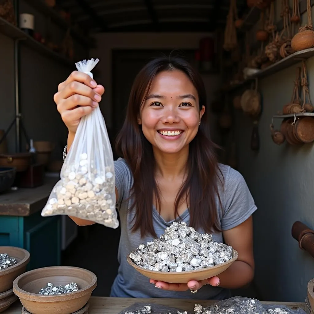 Woman holding silver bars in a Hanoi shop