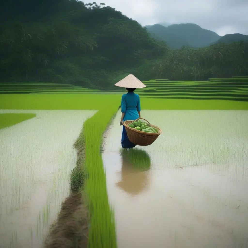 Woman wearing traditional Vietnamese áo bà ba