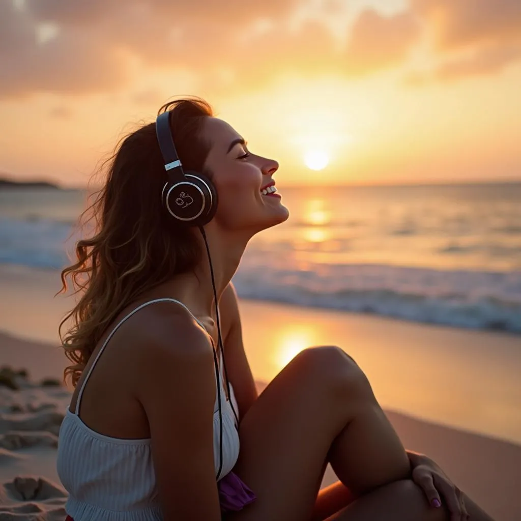 Woman relaxing on beach listening to music