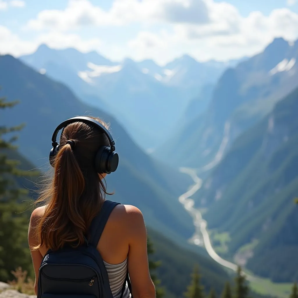 Woman wearing headphones listening to music enjoying mountain view