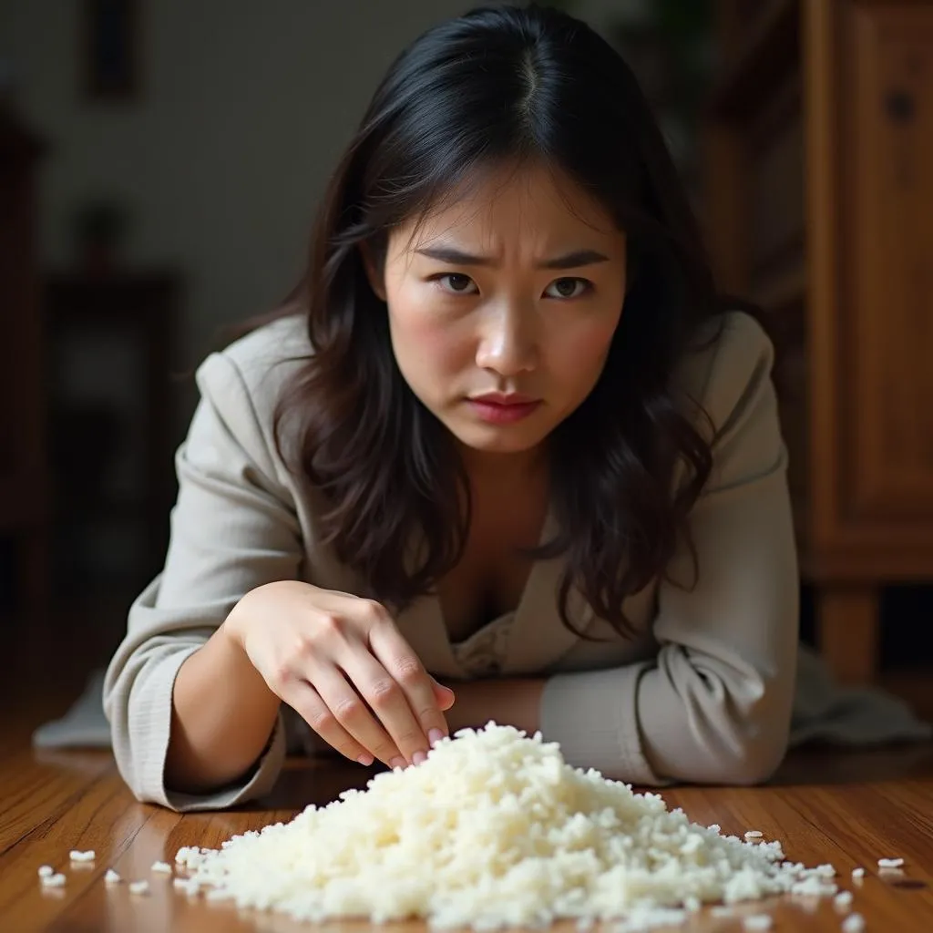 Woman Looking Worried at Spilled Rice