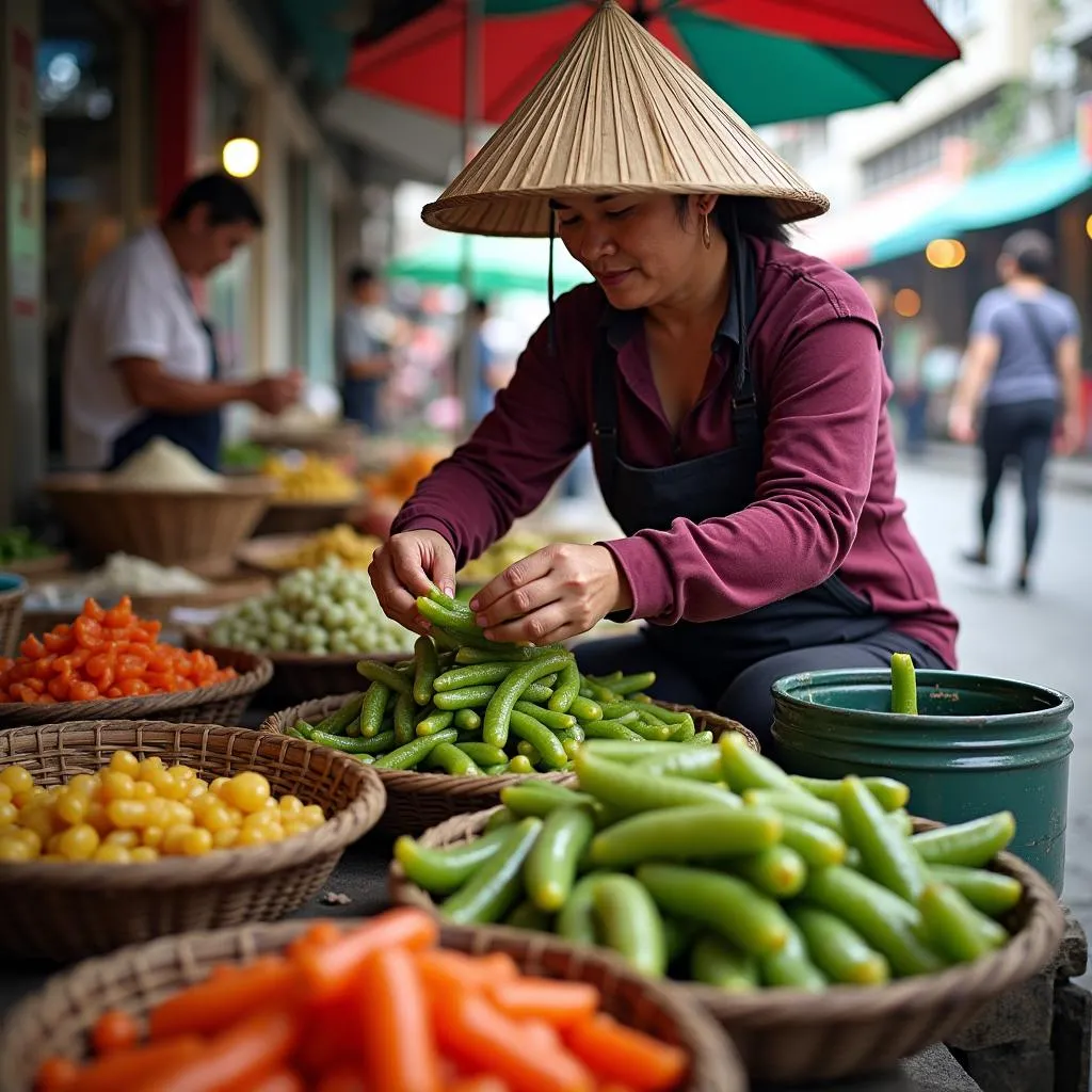 Woman making pickles at Hanoi market